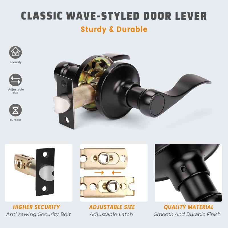 KNOBWELL 5 Pack Passage Door Levers Black Door Handles Interior Hallway Closet Door Lever Handle Without Lock Door Knobs for Left/Right Handing, Matte Black Finish, Drop Lever Shape - Image 4